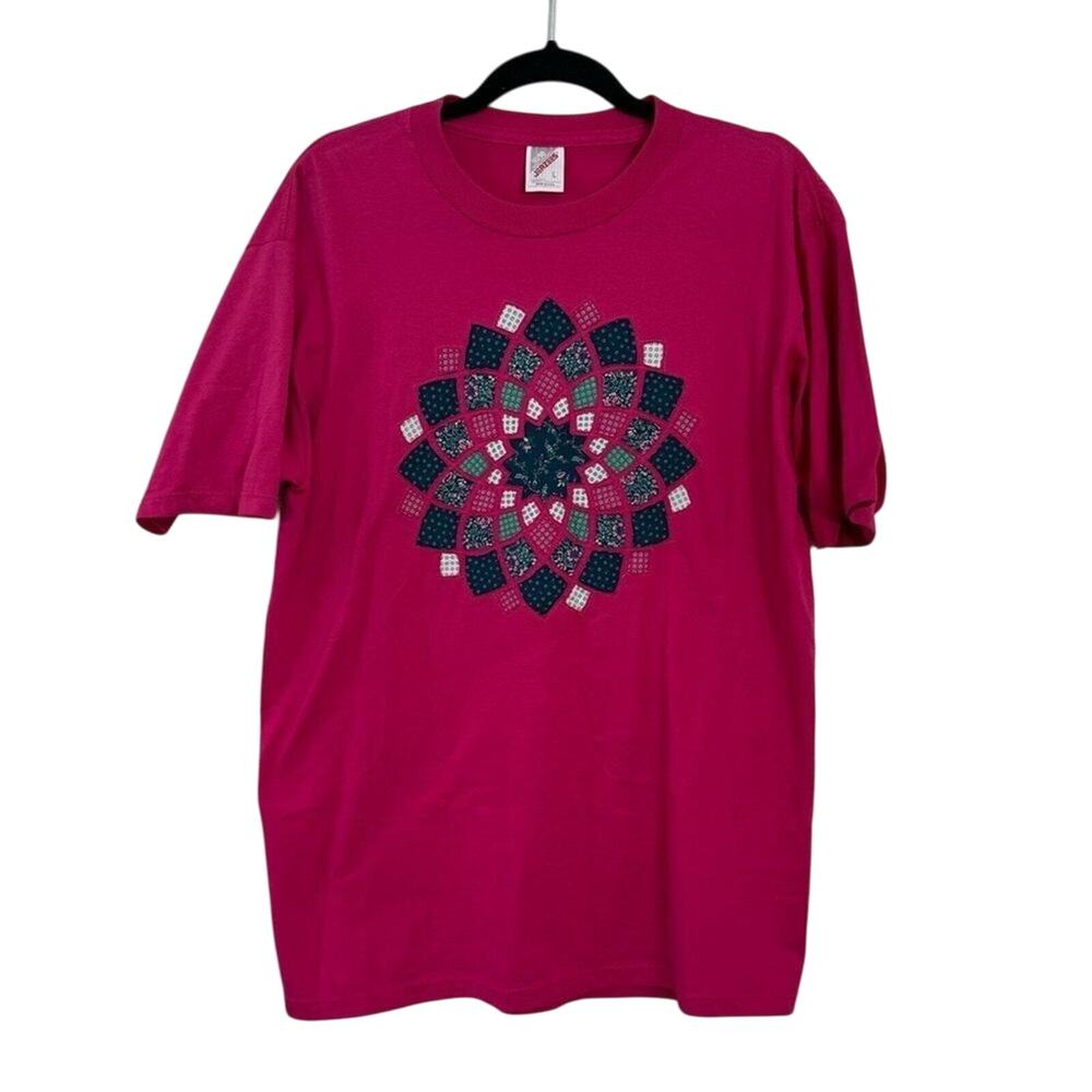 Vintage‎ 90's Jerzees Grandma Core Pink Patchwork Quilt Graphic T-Shirt Size L
